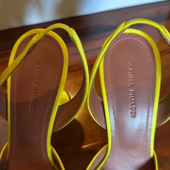Amina Muaddi Yellow Satin Rosie Slingback Heels 95mm - Picture 9 of 11